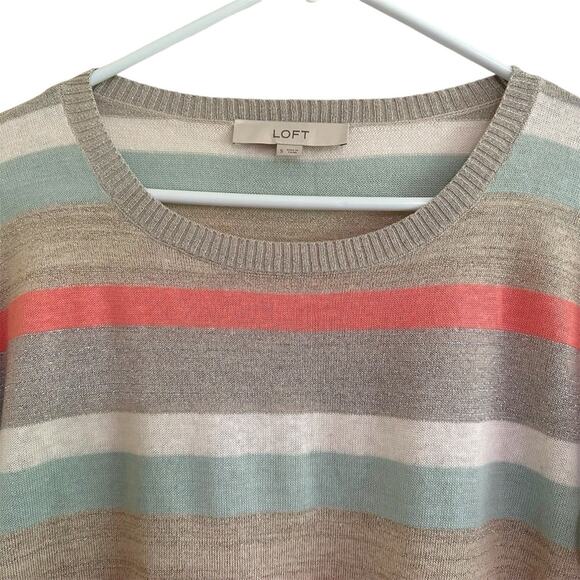 LOFT Shimmer Striped 3/4 Sleeve Sweater Size Small Lightweight Metallic Silver - Picture 3 of 6